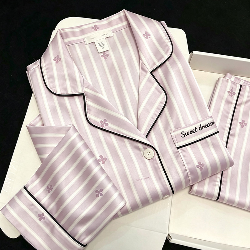 HEARMES 轻奢蝴蝶条纹冰丝睡衣女春秋季长袖家居服夏天短袖三件套