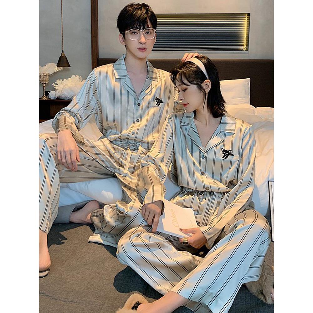 HEARMES 真丝睡衣男士春秋薄款情侣款长袖冰丝绸条纹青少年家居服
