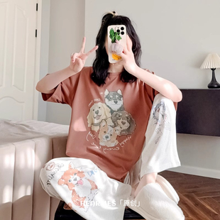 长裤 睡衣女纯棉短袖 可外穿圆领可爱家居服 卡通漫画狗夏季 HEARMES