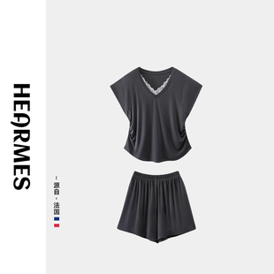HEARMES 家居服防侧漏 睡衣女夏带胸垫凉感莱赛尔天丝背心短裤