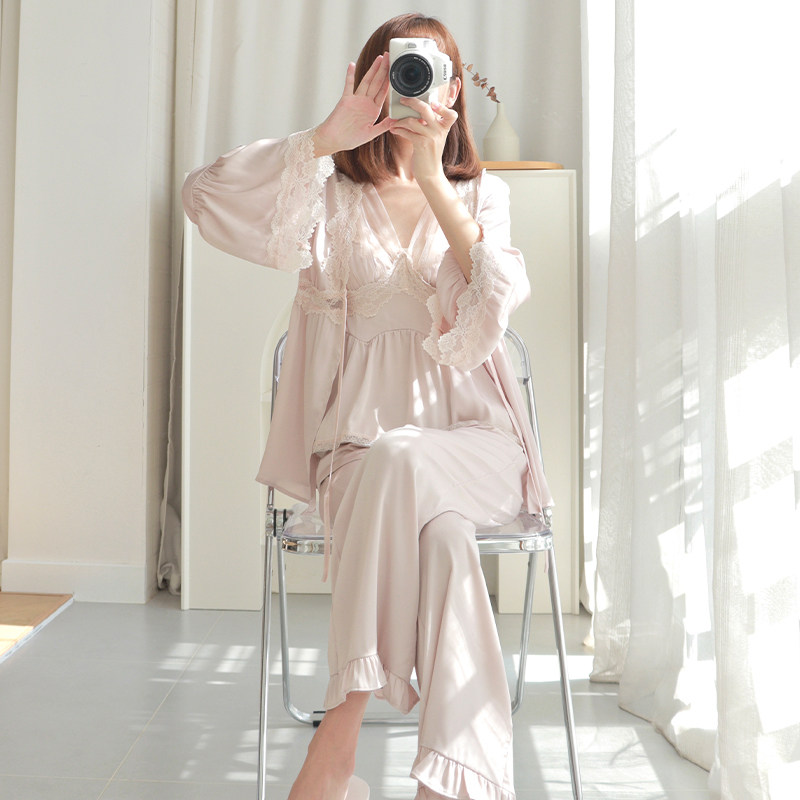 HEARMES 冰丝性感睡衣女春秋款带胸垫纯欲网纱夏天家居服三件套