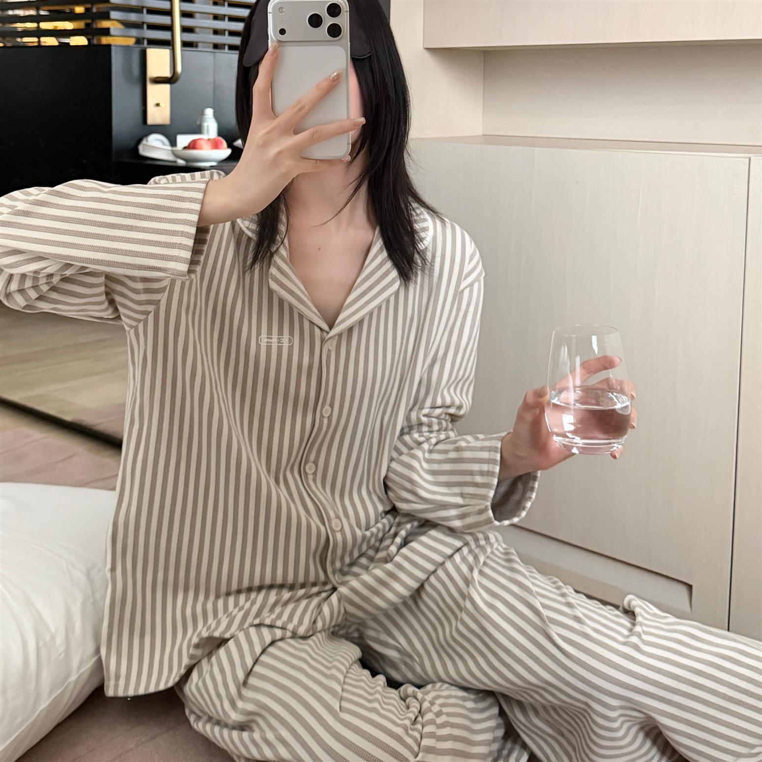 HEARMES 条纹双面磨毛睡衣套装秋季厚款家居服二件套秋冬带兜翻领