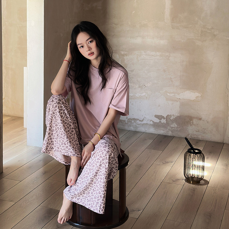 HEARMES 带胸垫睡衣女夏季纯棉短袖套头长裤家居服薄款春天休闲