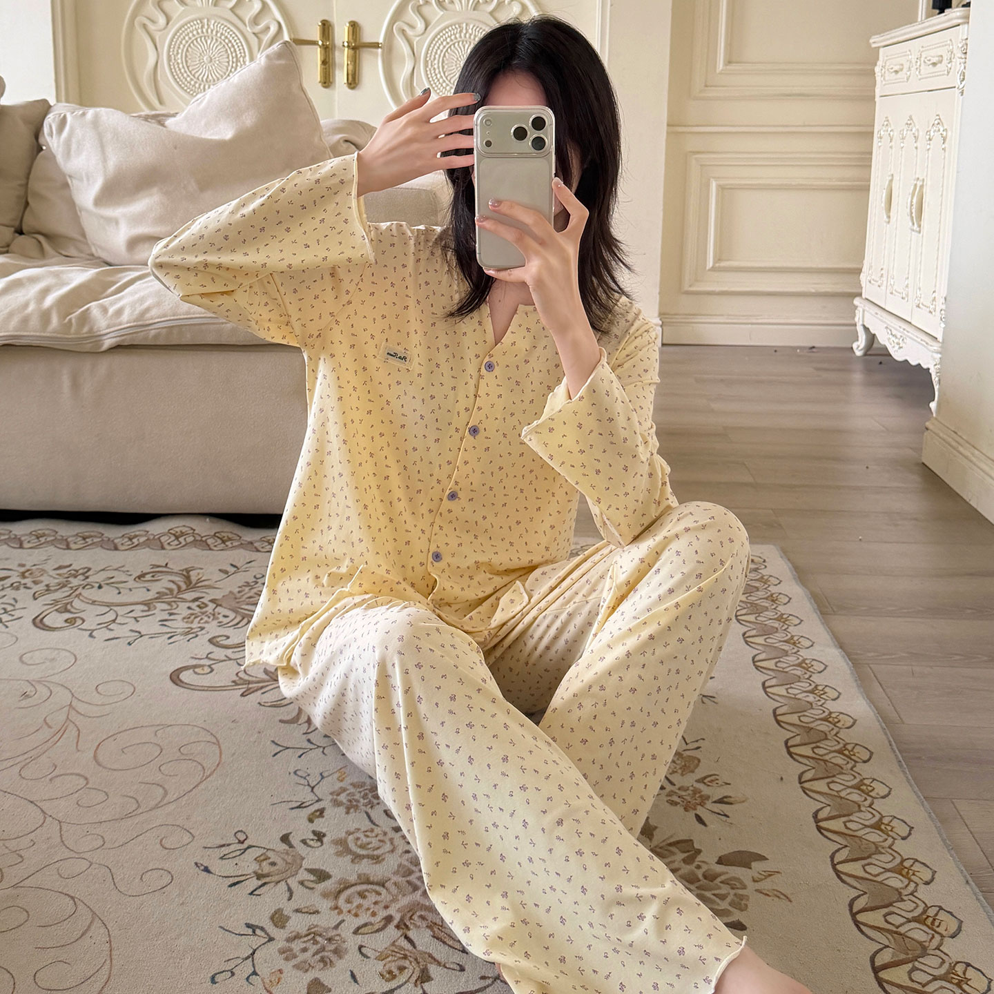 HEARMES 睡衣女新款春秋季纯棉长袖长裤小翠花纽扣圆领薄款家居服