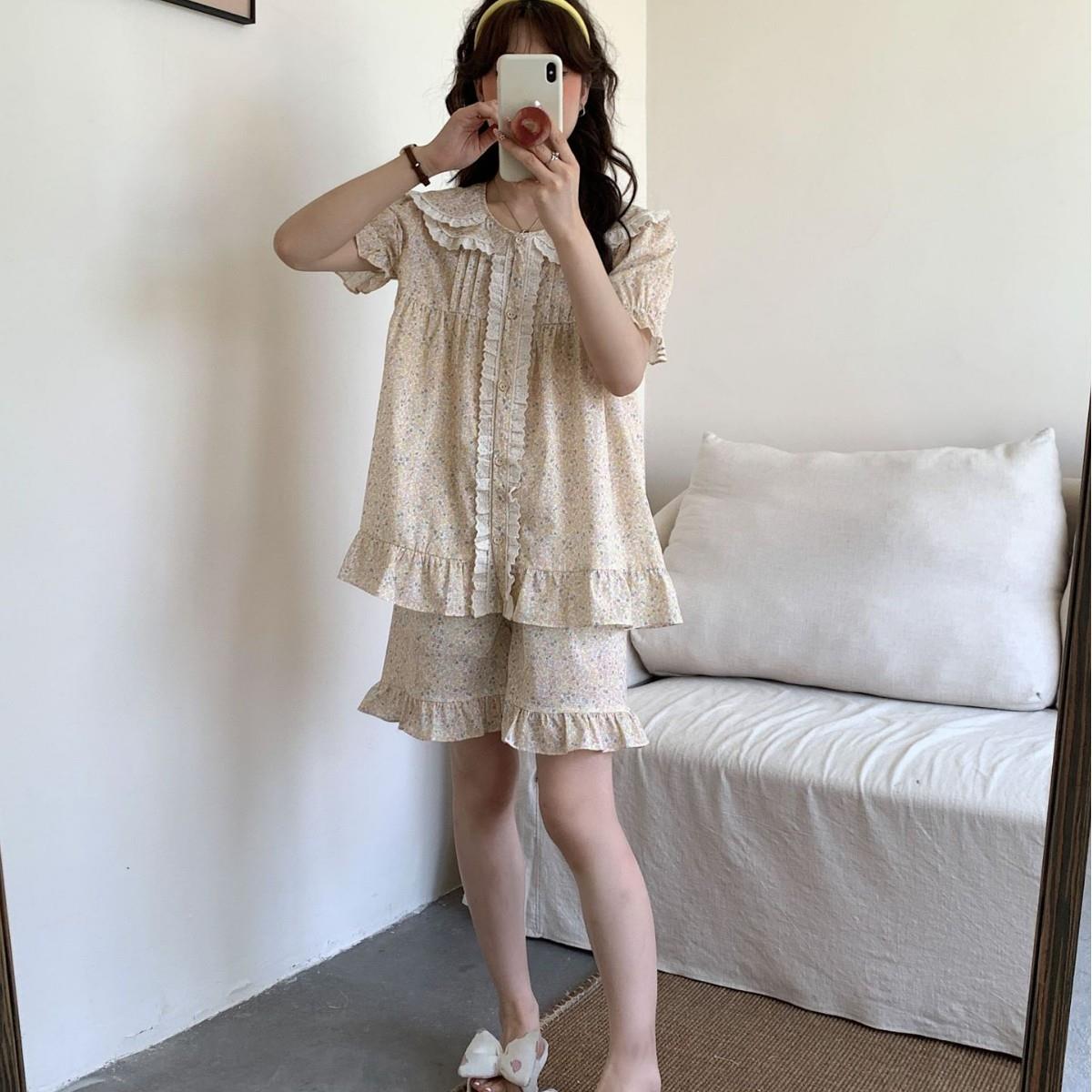 HEARMES 韩国夏季新品睡衣复古黄色小碎花蕾丝花边家居服长袖