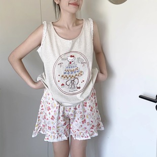 家居服 HEARMES 可爱猫猫花边背心短裤 睡衣女夏季 纯棉宽松甜美薄款