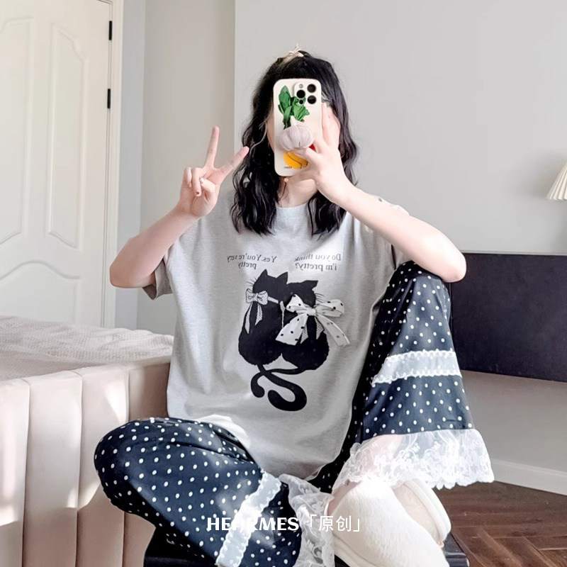 HEARMES 蕾丝小猫睡衣女夏纯棉短袖长裤薄款甜美圆领休闲家居服春