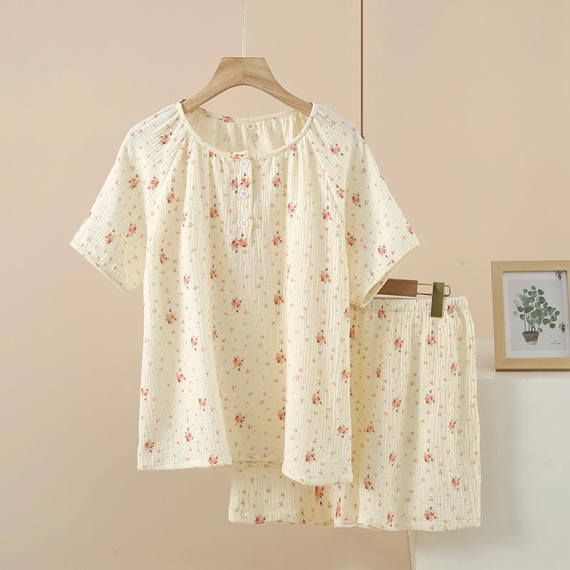 HEARMES 纯棉纱布女夏短袖短裤套装可爱碎花泡泡纱甜美家居服睡衣