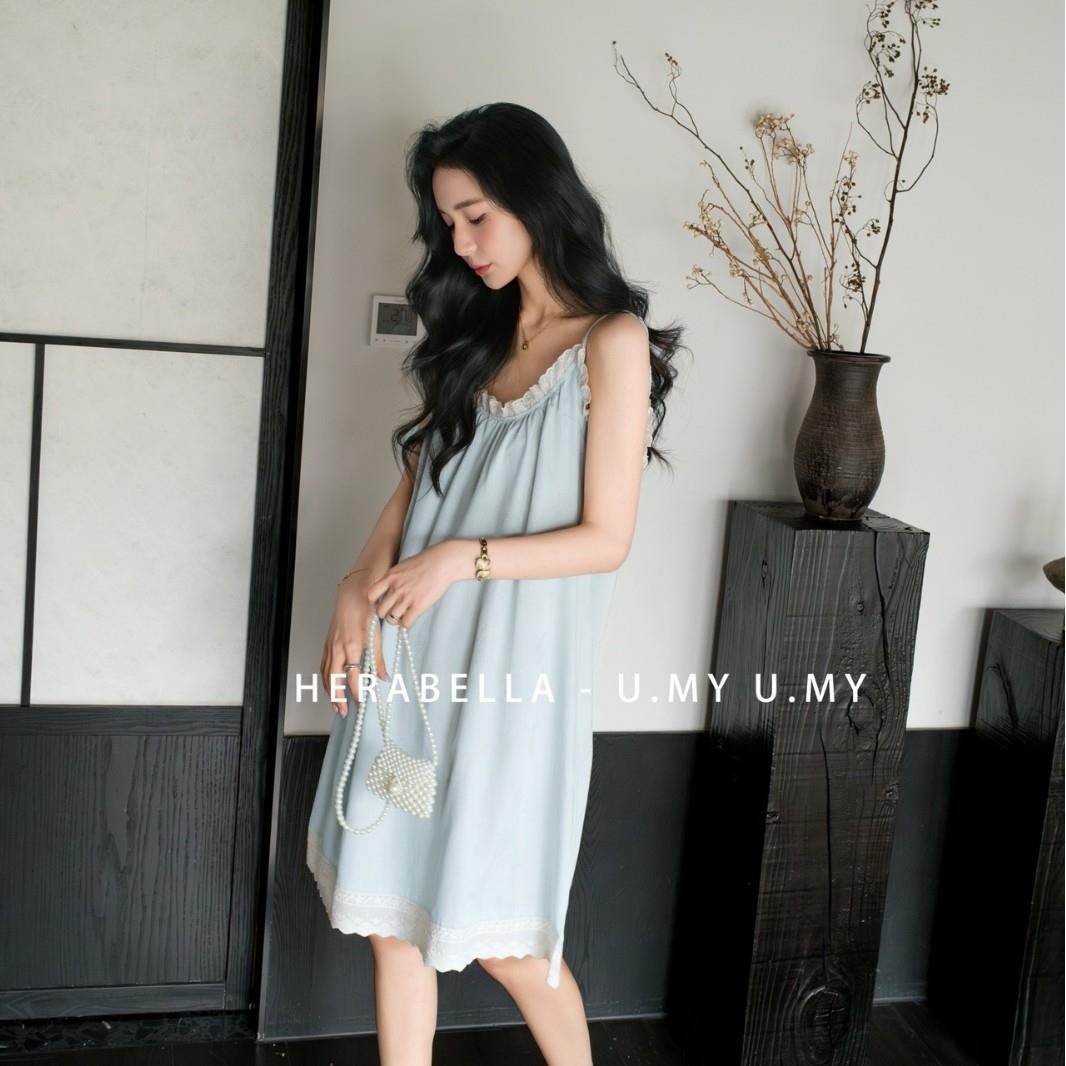 HEARMES 夏季新款睡裙女士简约纯色小吊带裙甜美小花边家居服中裙