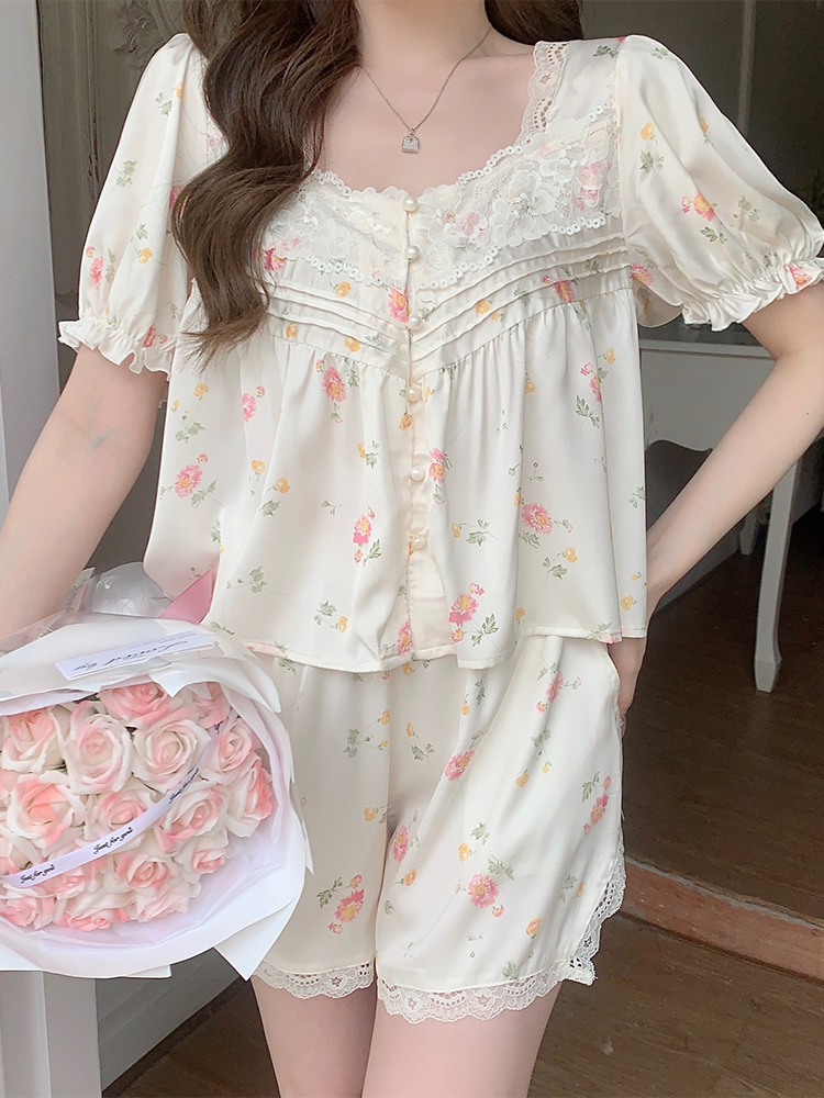 HEARMES 夏款睡衣女士短袖短裤清新甜美碎花冰丝法式可外穿家居服