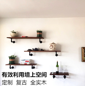 墙上置物架复古墙壁实木隔板壁挂一字搁板铁艺书架墙面水管装饰架