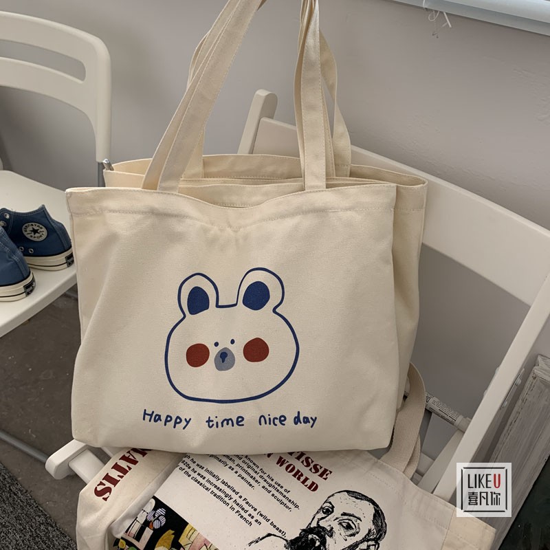 原创设计小熊卡通可爱单肩包学生书包袋拉链款日系小清新帆布包
