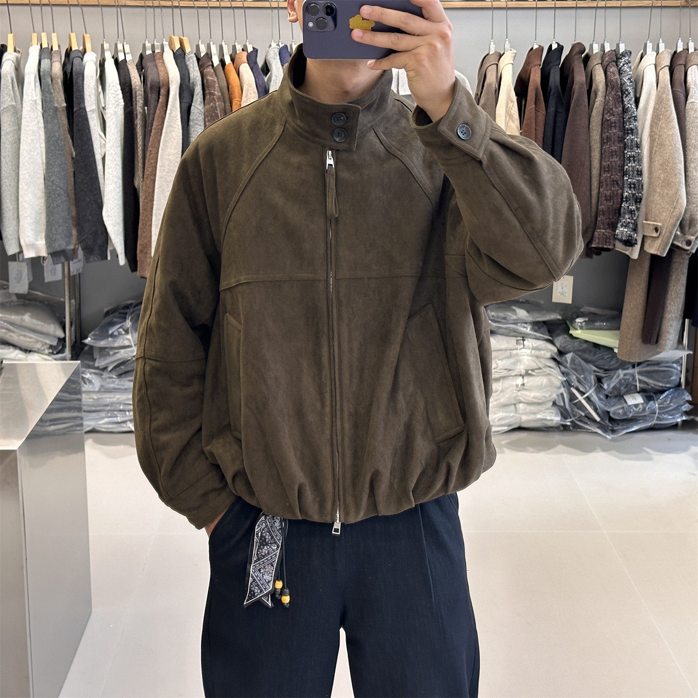 美式复古麂皮绒90白鹅绒立领羽绒服男冬季高端轻奢保暖皮衣外套潮