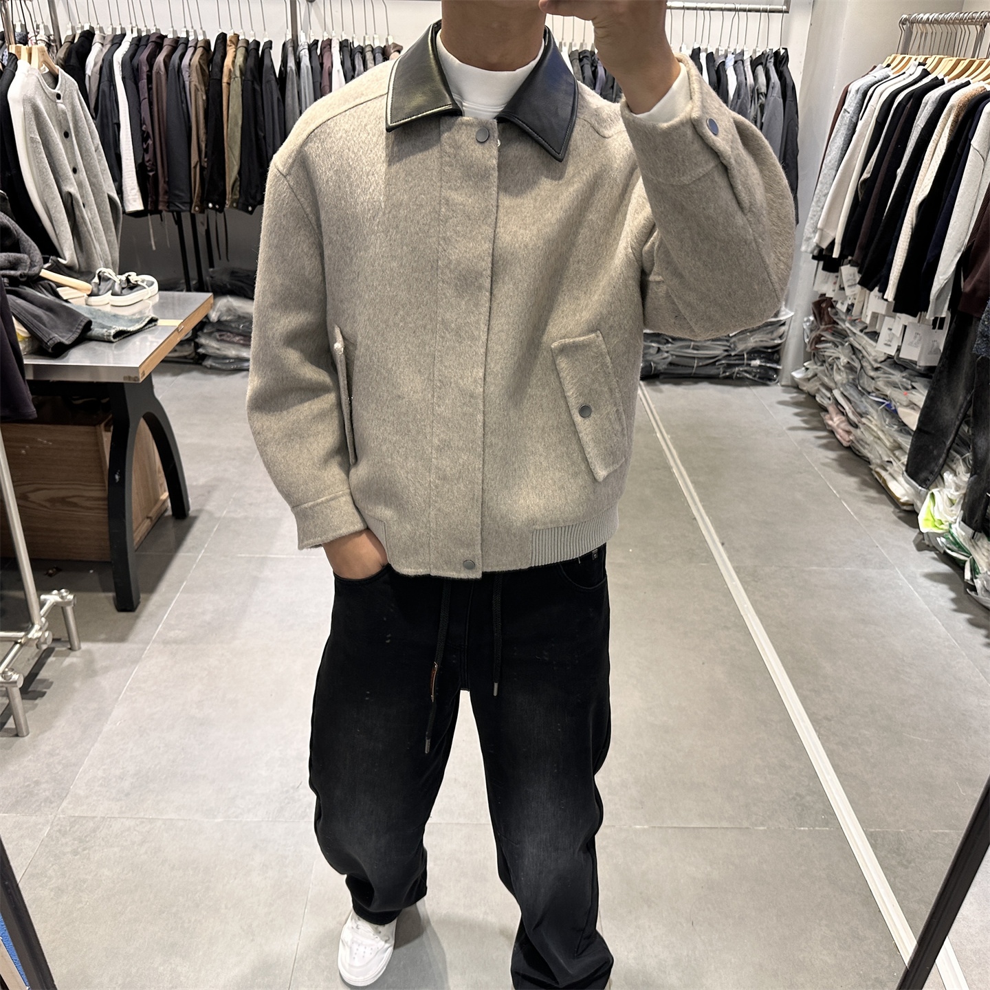 拼接PU皮双面羊毛呢子男夹克2025秋冬季新款翻领大衣短款保暖外套