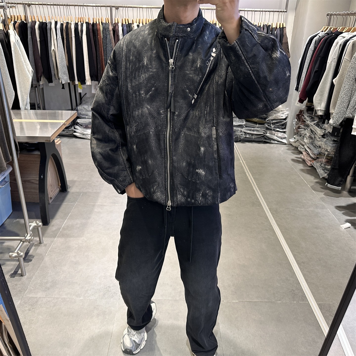 冬季潮牌废土风做旧印花立领羽绒服男美式复古短款90白鸭绒外套潮