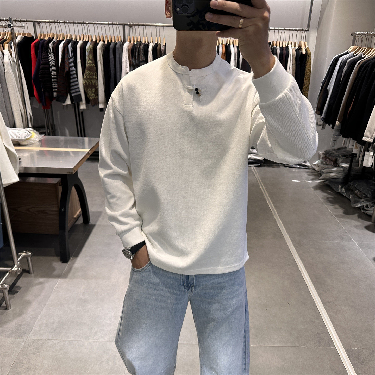 H-ZK春季新款老钱风一粒扣亨利领卫衣男韩系宽松简约长袖T恤打底,男装,卫衣,淘宝优惠券,粉丝福利购,淘宝优惠卷