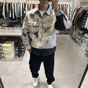 搜川冬季工装拼接牛仔翻领羽绒服男美式复古轻薄保暖防寒加厚外套