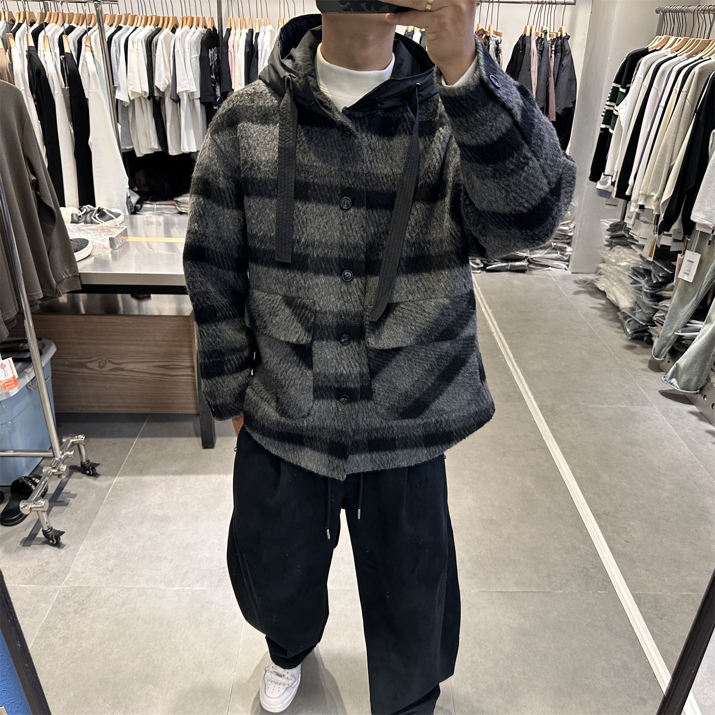 秋冬复古撞色格子连帽双面羊毛呢大衣男美式高级感羊驼毛保暖外套