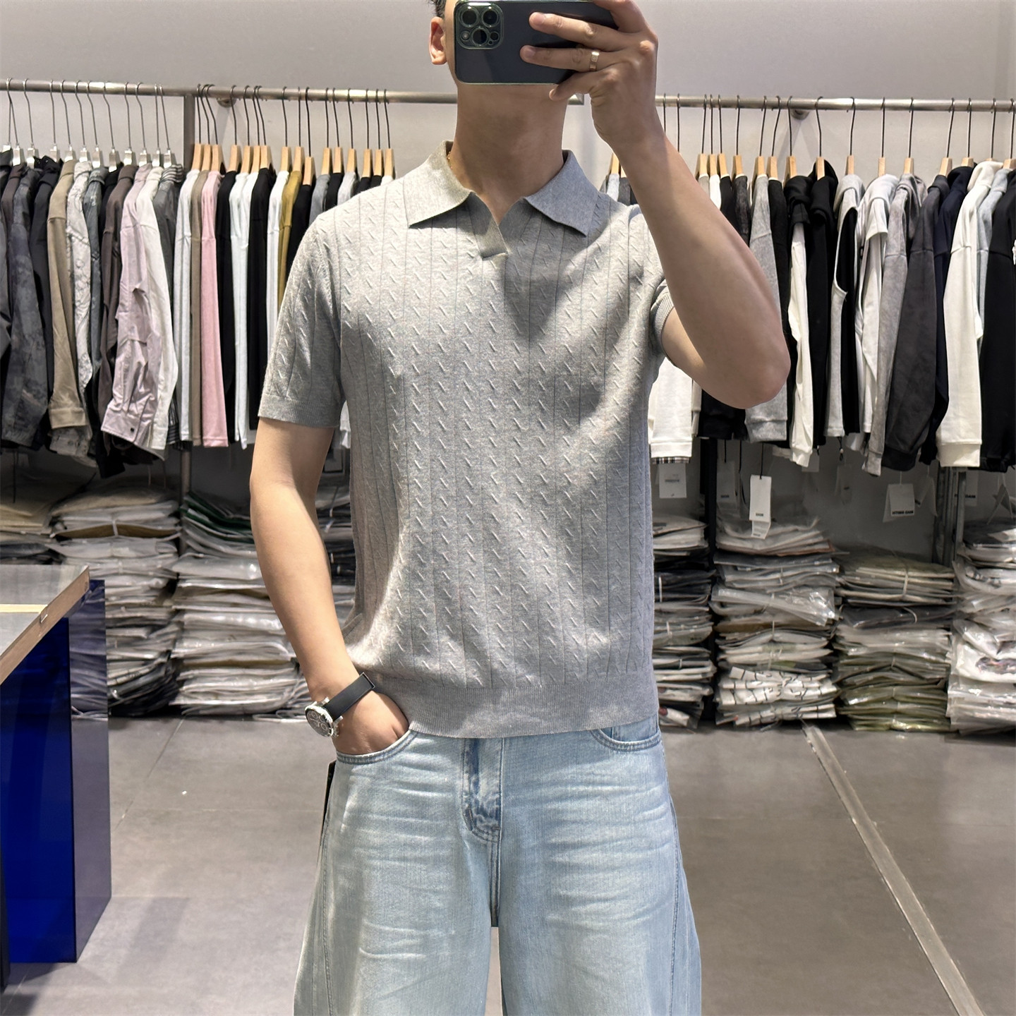 夏季编制绞花纹理海鸥领针织Polo衫男短袖老钱风复古翻领体恤半袖