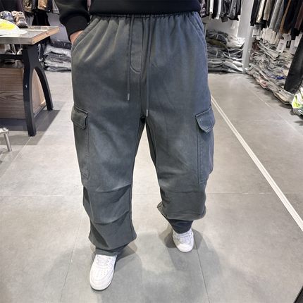 冬季新款加绒加厚工装裤男潮牌美式复古做旧宽松直筒阔腿休闲裤潮