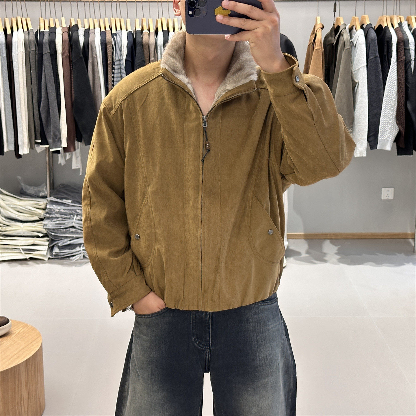 秋冬季高端内里兔毛派克服立领棉衣夹克男复古痞帅加厚保暖外套