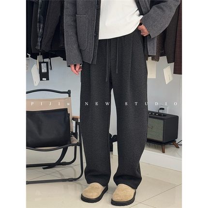 日系复古加绒加厚羊毛休闲裤男冬季时尚百搭宽松直筒阔腿保暖长裤