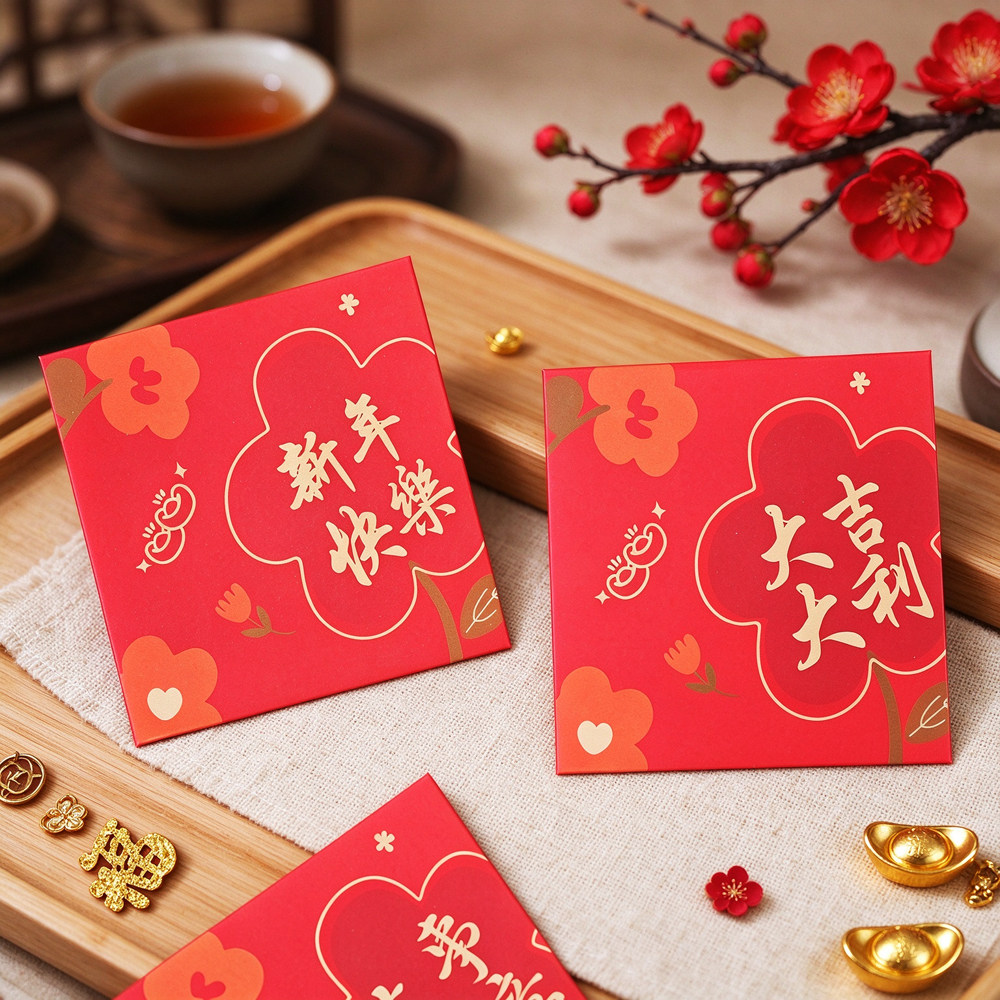 中式小花朵羊年创意正方形过年压岁红包封2027新款个性婚礼通用