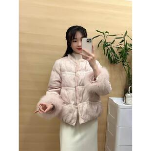 新中式毛绒拼接棉服女短款保暖加厚通勤外套毛领棉袄长袖女装常规