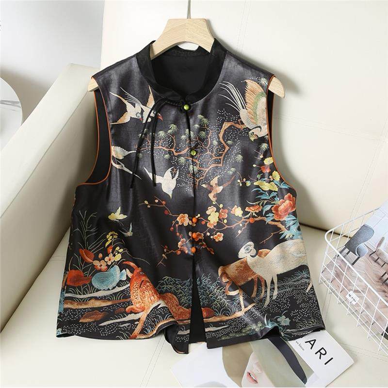 福禄鹿鸟报喜春夏新款重工刺绣香云纱龟裂纹新中式对襟马甲坎肩