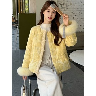 新中式国风提花黄色短款羽绒棉服女2025冬季新款圆领保暖爆款外套
