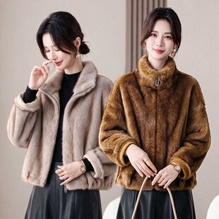 短款貂皮大衣女中老年立领水貂绒毛呢外套时尚保暖秋冬妈妈装毛绒