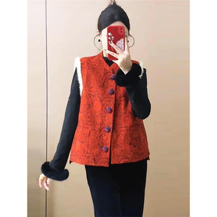 2025冬季新中式拜年服棉马甲女国风复古红色百搭休闲加厚外穿背心