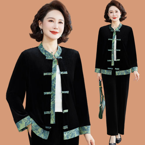 中年妈春装洋气金丝绒套装外套