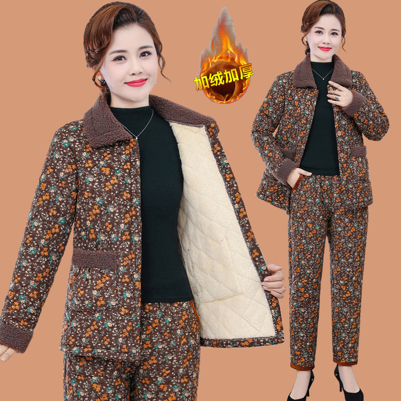 妈冬装碎花棉衣裤套中老年