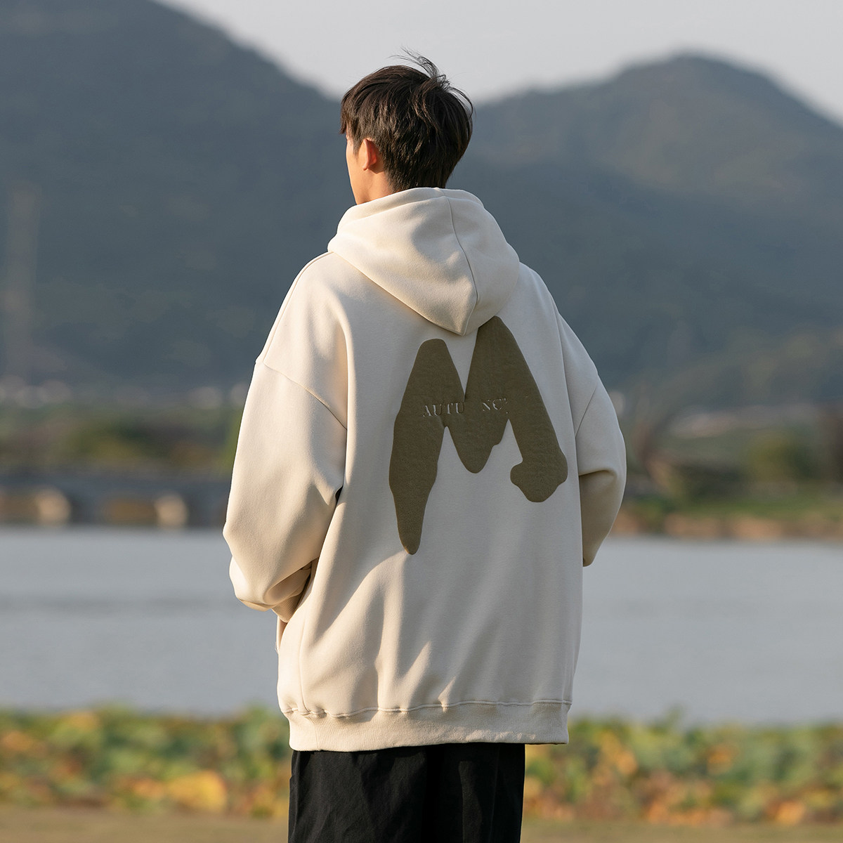 1009-XW20-P75-限价98*发泡印花连帽卫衣男冬季加绒加厚宽松外套,男装卫衣,四季星座1009