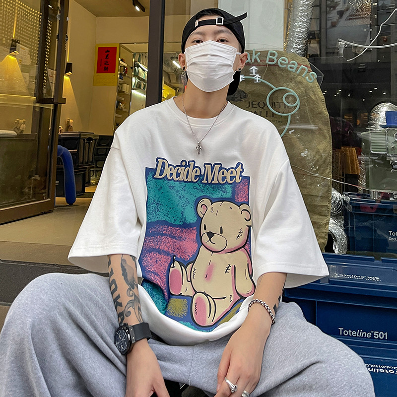 1009-FZ102-P35-限价49*港风卡通印花短袖T恤男宽松圆领百搭上衣,男装T恤,四季星座1009