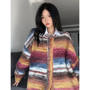 1009-KS798-P85-卖118彩色条纹撞色针织衫宽松慵懒风毛衣外套情侣图片
