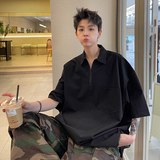 美式半拉链Polo衫短袖男夏季潮牌重磅翻领plol衫vintage七分袖t恤，男装Polo衫，四季星座1009