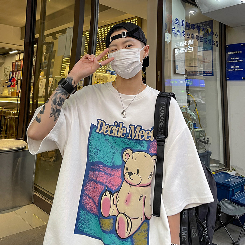1009-FZ102-P35-限价49*港风卡通印花短袖T恤男宽松圆领百搭上衣,男装T恤,四季星座1009