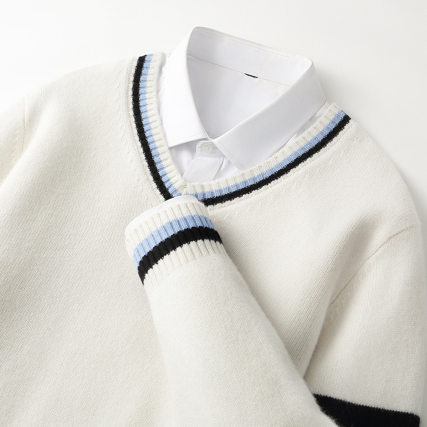 青少年羊绒衫男V领高中大学生拼色条纹青年羊毛衫鸡心领加厚毛衣