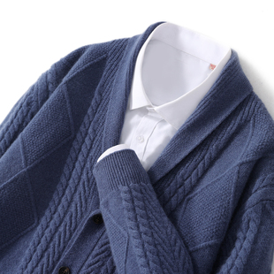 青少年羊绒衫男高中学生加厚开衫外套青年羊毛衫翻领针织毛衣扭花