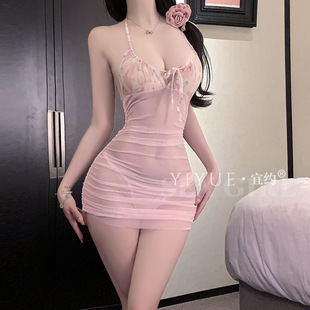 夜色私物原创性感挂脖系带包臀裙女收腰网纱纯欲女睡衣1464