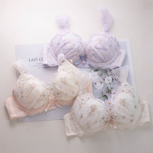 外贸日系原单薄款刺绣网纱肩带文胸套装低鸡心圆盘1型少女内衣甜