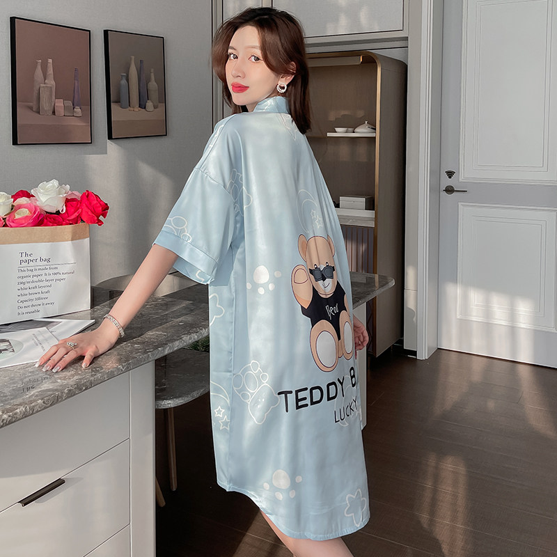 冰丝睡裙女夏季短袖性感衬衫大码女士睡衣凉感仿真丝绸家居服夏天