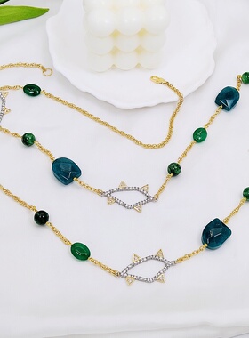 A17欧美复古风AB时尚大气上档次几何拼接镶钻绿色系链条精致项链