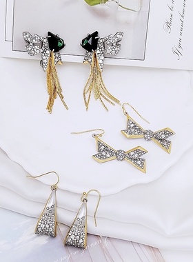 A64欧美复古风高级感气质蝴蝶结磨砂质感镶钻灰色系AB款耳钩耳夹