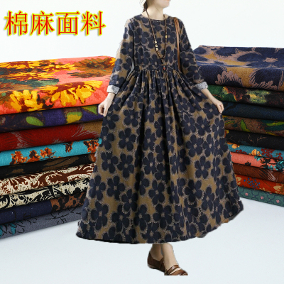 棉麻服装复古印花连衣裙面料