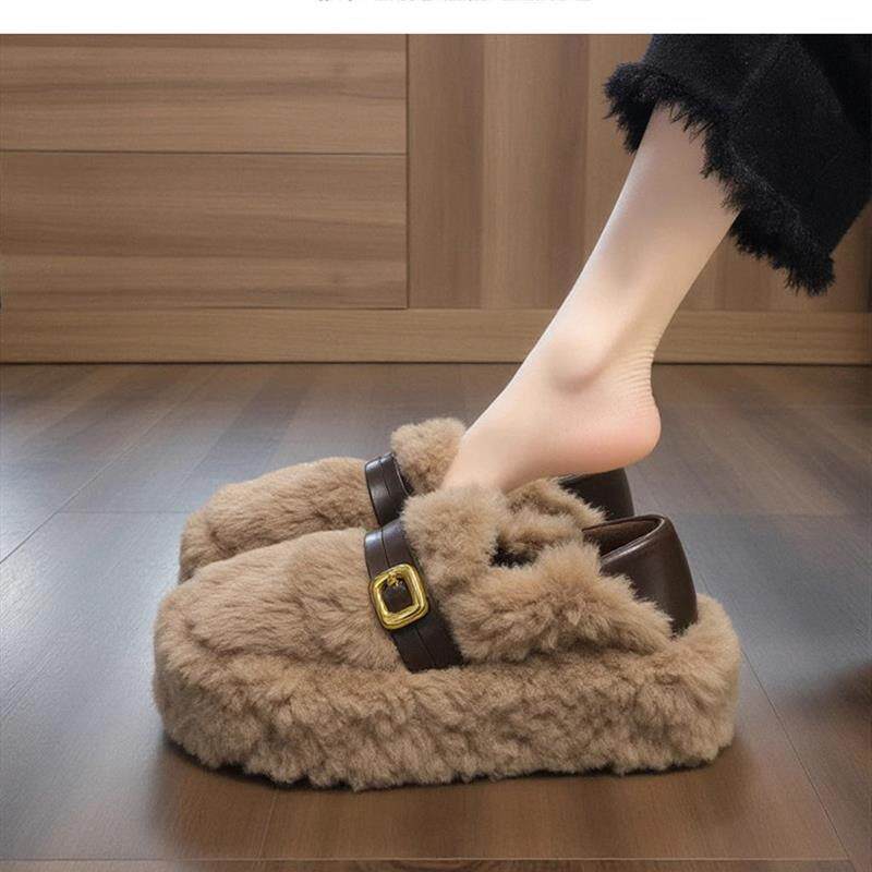 两穿毛毛鞋女2025年新款秋冬季厚底增高皮带扣加绒保暖一脚蹬棉鞋,女鞋,棉鞋,淘宝优惠券,粉丝福利购,淘宝优惠卷