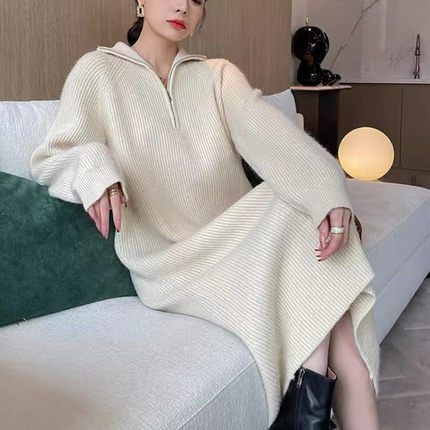 春秋半高领显瘦连衣裙女微胖大码胖mm中长款宽松遮肉慵懒风针织裙
