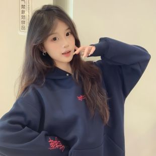 高街美式 加绒加厚学院风宽松百搭简约上衣潮 刺绣连帽卫衣女秋冬季